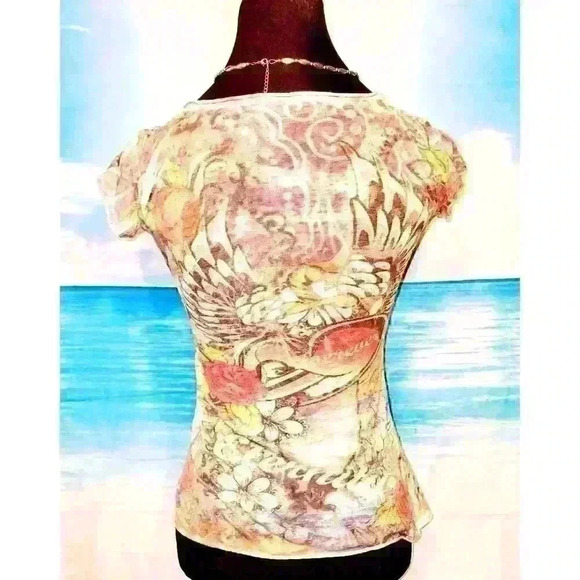 COLORFUL Womans 100% COTTON Tee shirt Stretch T-shirt top Boho print size M - Picture 2 of 4